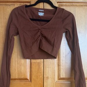 Wild Fable Brown Ruched Long Sleeve Crop Top